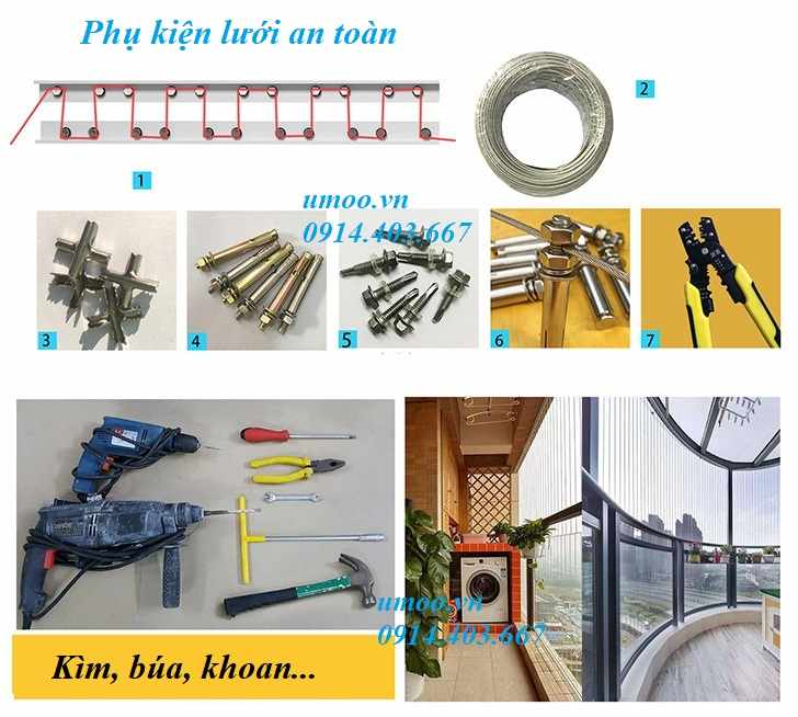 Phụ kiện lưới an toàn ban công, vật tư tự lắp lưới an toàn ban công, cửa sổ